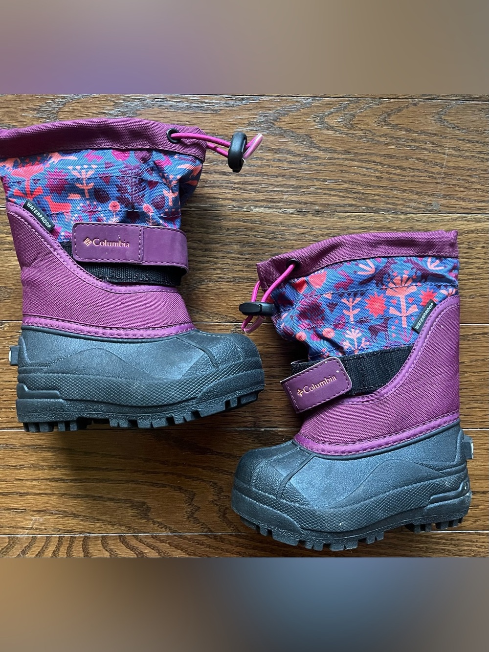 Columbia Plum and Blue Floral Kids Snow Boots